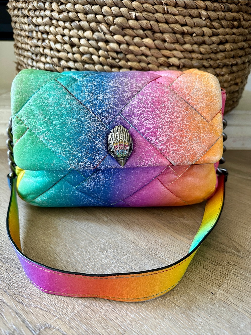 Kurt Geiger Kensington Rainbow Quilted Shoulder Bag Metallic Jeweled Bird Clasp - Picture 2 of 16